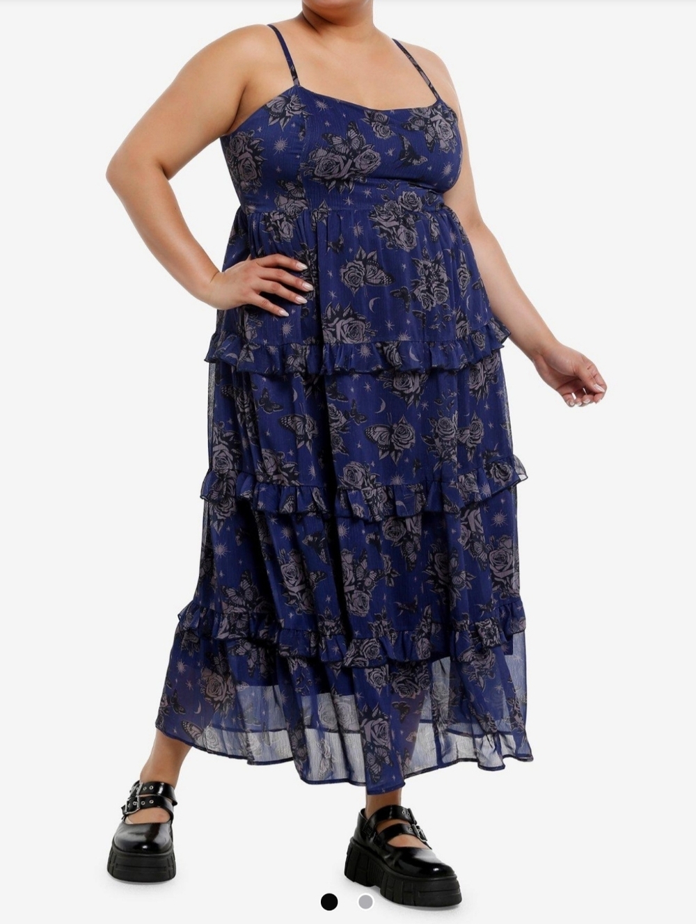Hot Topic X Cosmic Aura Navy Blue Butterfly & Rose Tiered Maxi Dress Size 0x NWT